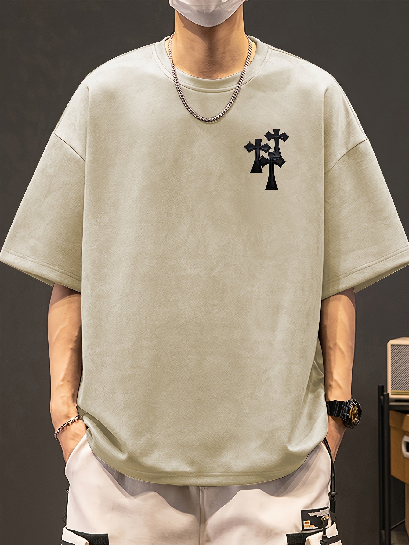 Men's Casual Black Suedette Short-Sleeve T-Shirt with Print Cross Design - Soft, Loose Fit, Round Neck, Summer Tee for Adults, Summer Casual Wear | Casual Shirt | Faux Suedette Texture