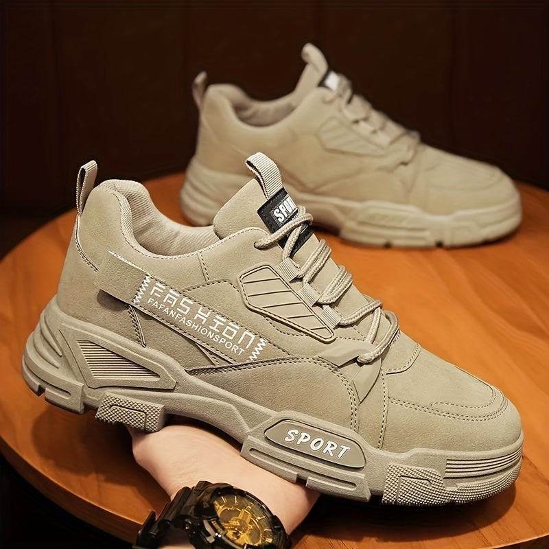Men's Olive Green Chunky Sneakers - Stylish Outdoor Motorcycle Boots with Thick Sole, Lace-Up Design, and "SPORT" Print for Hiking, Casual Wear, and Everyday Use, Outdoor Hiking Boots | Modern Casual Sneakers | Pu Upper Sneak
