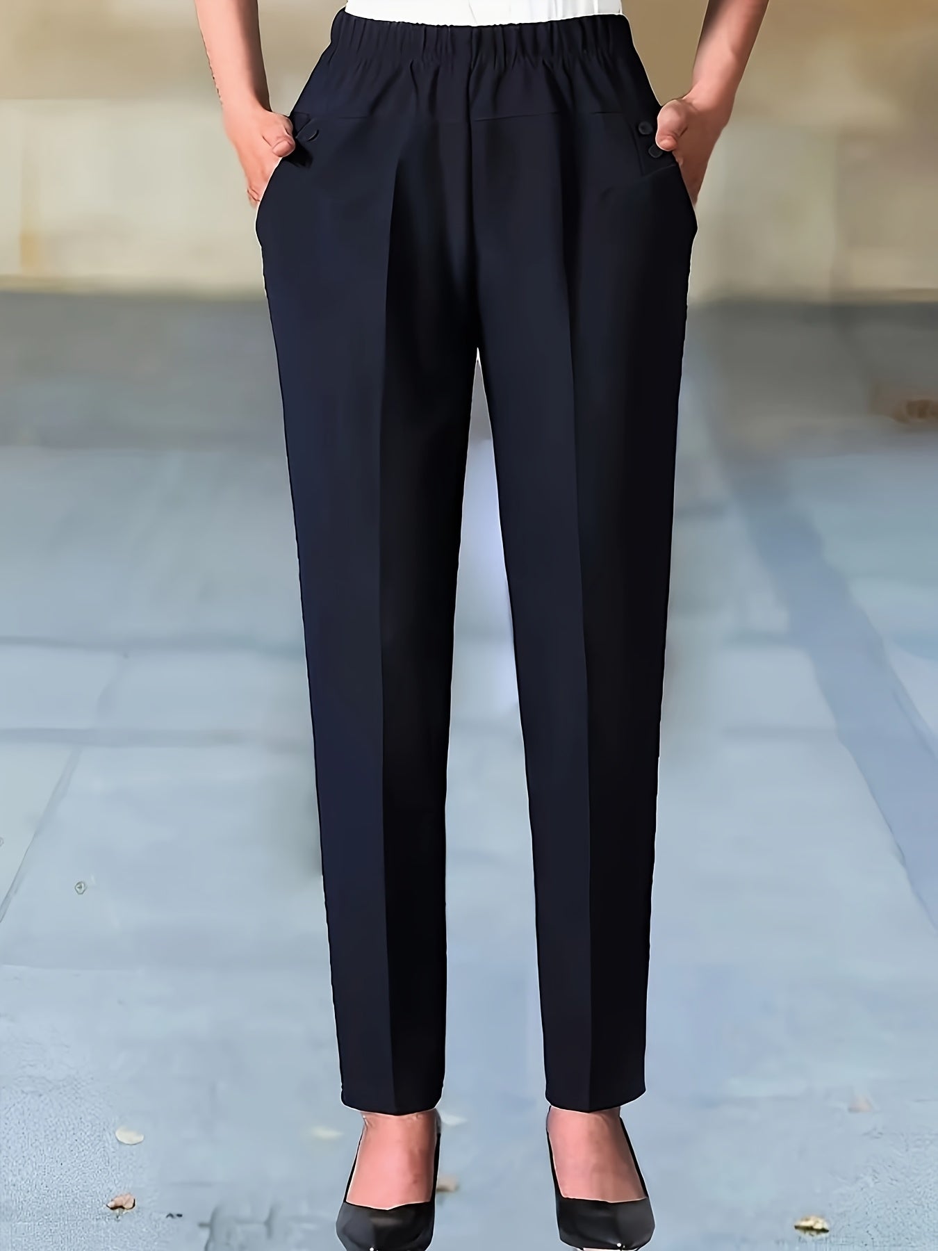 Women's Elegant High-Waist Tapered Pants with Slant Pockets, Versatile Elastic Waistband, Solid Black Color, Ideal for Office and Casual Wear, Office Wear Pants|Tapered Trousers|Glossy Finish