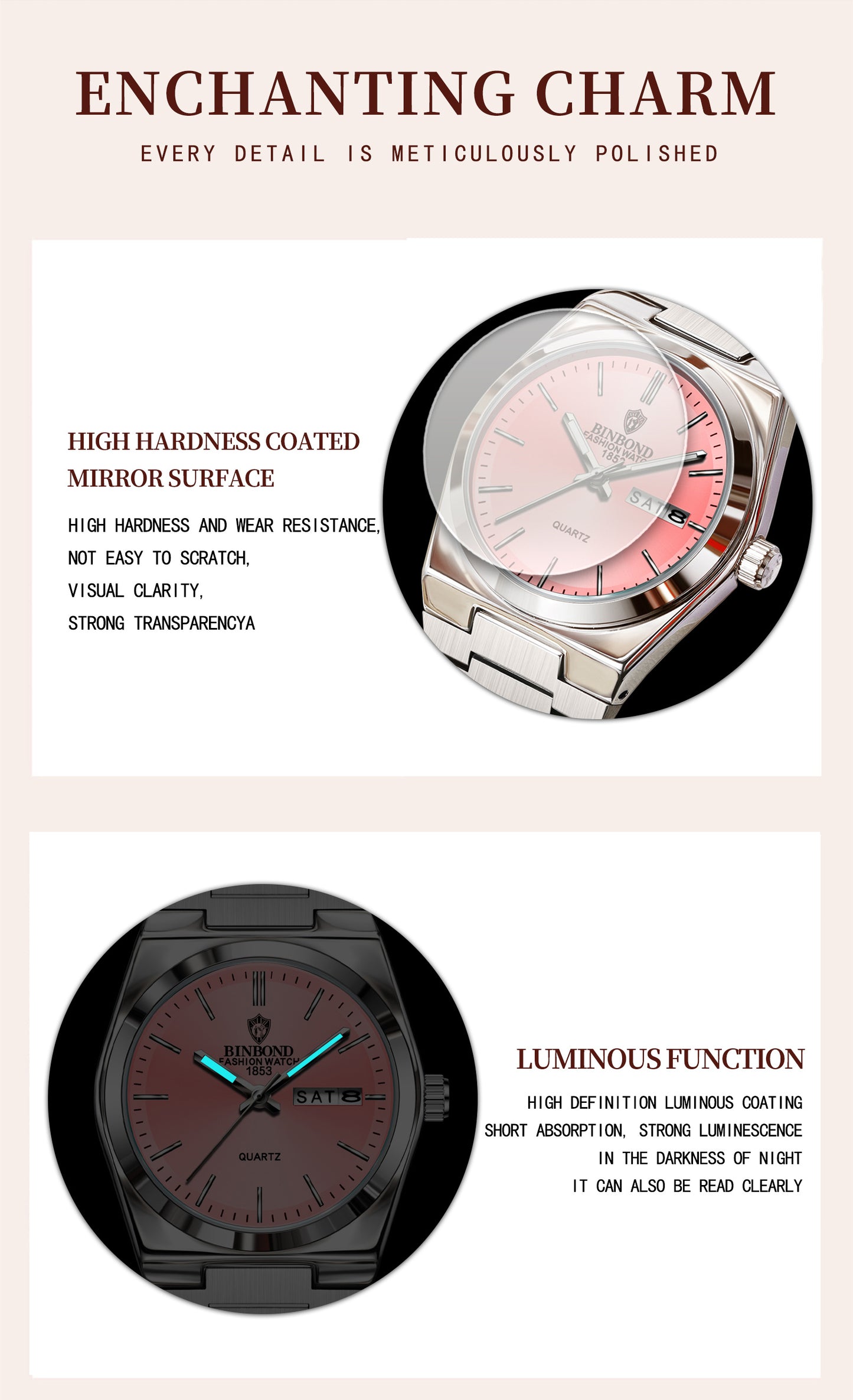 BINBOND Women'S Fashion Watch, Double Calendar, Quartz Movement, Stainless Steel Band, Round Case, Ideal for Daily Wear & Gifting, Stylish Accessory|Minimalist Design|Durable Watch