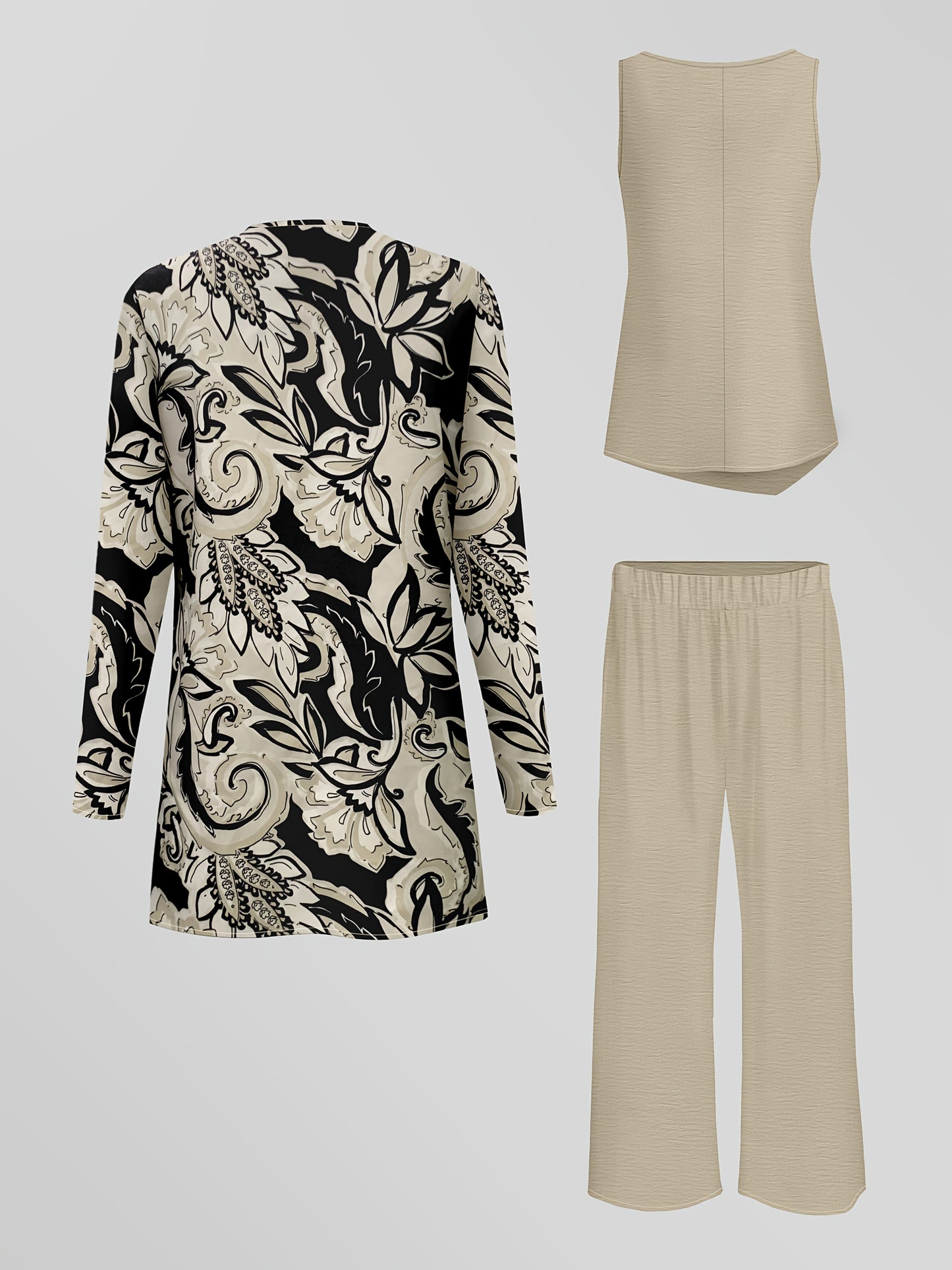 Fashionable and suit, printed long-sleeved cardigan jacket with solid color vest and casual trousers, daily three-piece suit