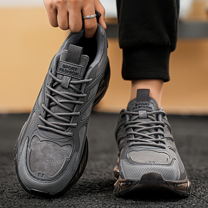 Men's Casual Sneakers - Breathable Low-Top Lace-Up Design, Durable PU Upper Cushioned PVC Sole for All-Season Comfort - Black with Yellow Accents - Ideal for Running, Hiking, Daily Wear, Hiking Footwear, Stylish Contrast Ac