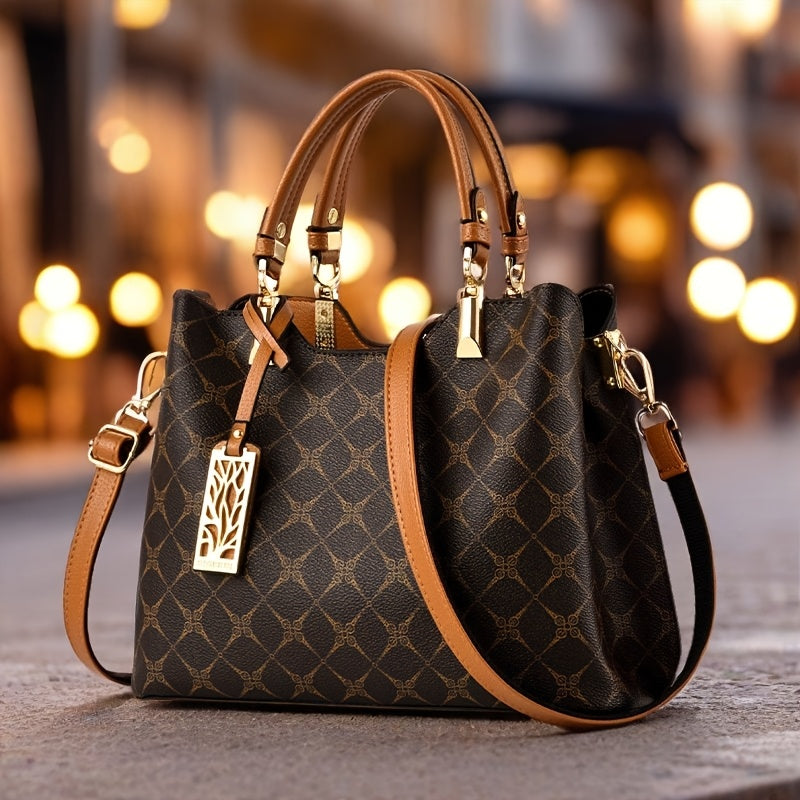 Women's Top-Grain Leather Handbag with Adjustable Strap - Geometric Pr