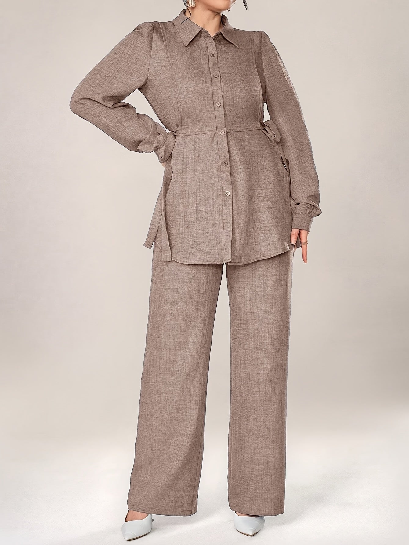 Women's Two-Piece Set with Front Buckle Long Sleeve Casual Top and Trousers
