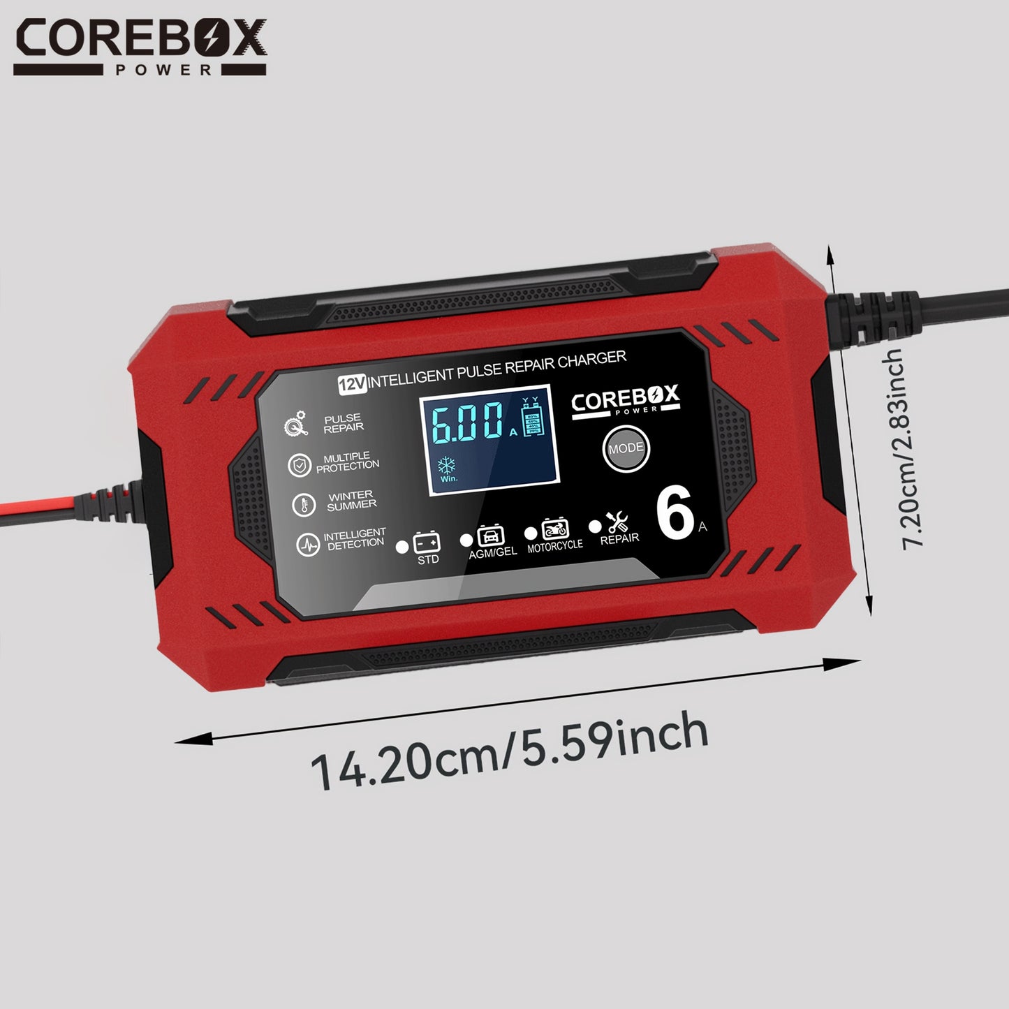 COREBOX EU Plug 12V 6A Smart Battery Trickle Charger 12V Battery Maintainer Battery Charger with LCD Display for Car Truck Motorcycle Lawn Mower Marine Lead Acid Charge, Without Battery