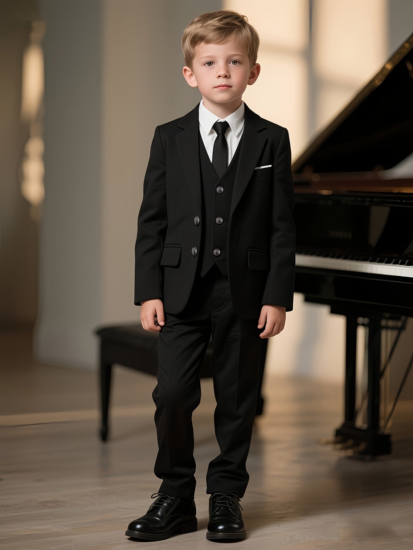 Boys' 4-Piece Black Suit Set with Jacket, Blazer, Trousers & Tie