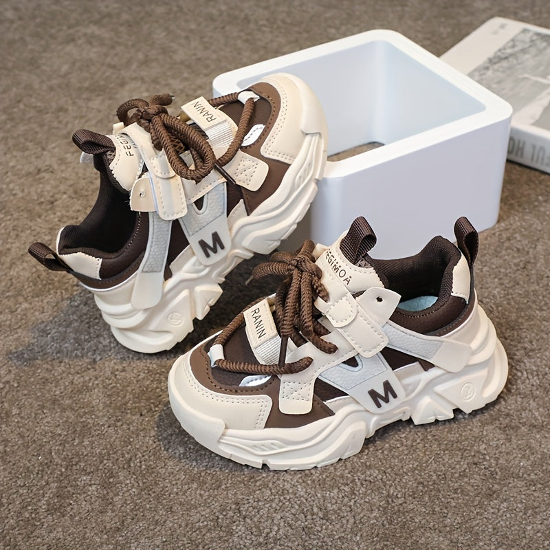Kids' Chunky Sneakers - Breathable Mesh Running Shoes with Hook-and-loop Fastener Straps, Black & Brown Design for Boys & Girls, Casual & Sporty Style, All-Season Wear, Cute Shoes