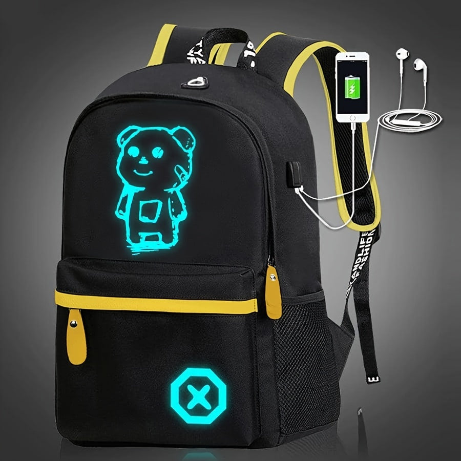 Glow-in-the-Dark Men's Backpack - Stylish & Lightweight, Large Capacity Oxford Fabric Daypack with USB Charging Port for Daily Commute, Campus, Cartoon, High School