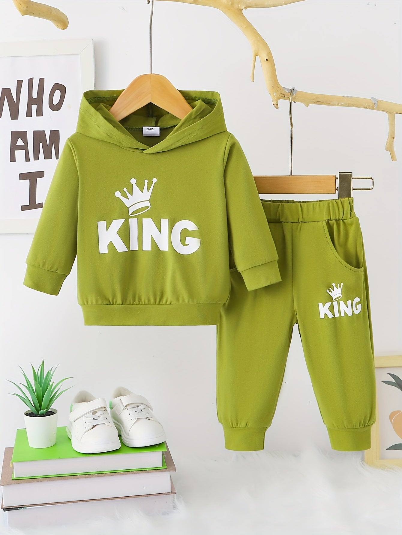 2 հատ Baby Boy's Casual Fashion Outfit Hooded KING Print երկարաթև մարզաշապիկ + շալվար բացօթյա հավաքածու