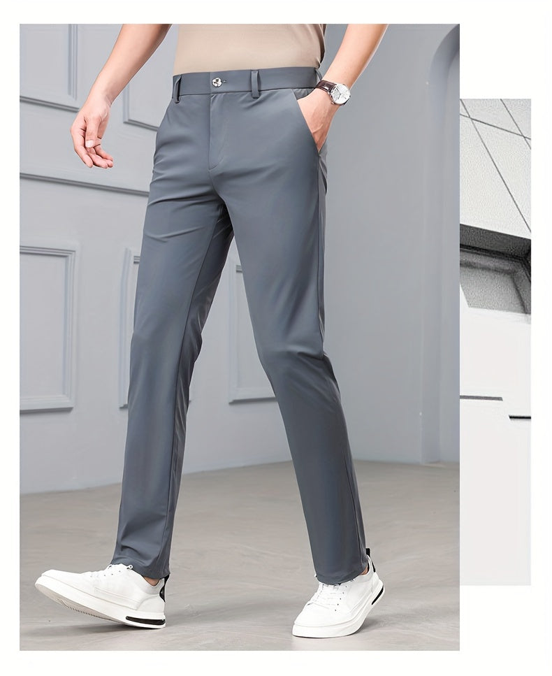 Men's Slim-Fit Stretch Casual Pants with Multiple Pockets - Waterproof, UV Protection, Light Gray, Straight Leg, Nylon Blend for Spring/Fall, Button Closure, Comfortable & Stylish Design, Everyday Comfort Pants | Modern Casua