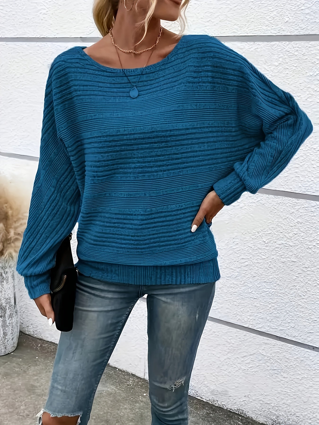 1 հատ Women'S Casual Crew Neck Knit T-shirt - պոլիեսթեր պինդ գույնի երկարաթև վերնաշապիկ գարնան/աշունի համար