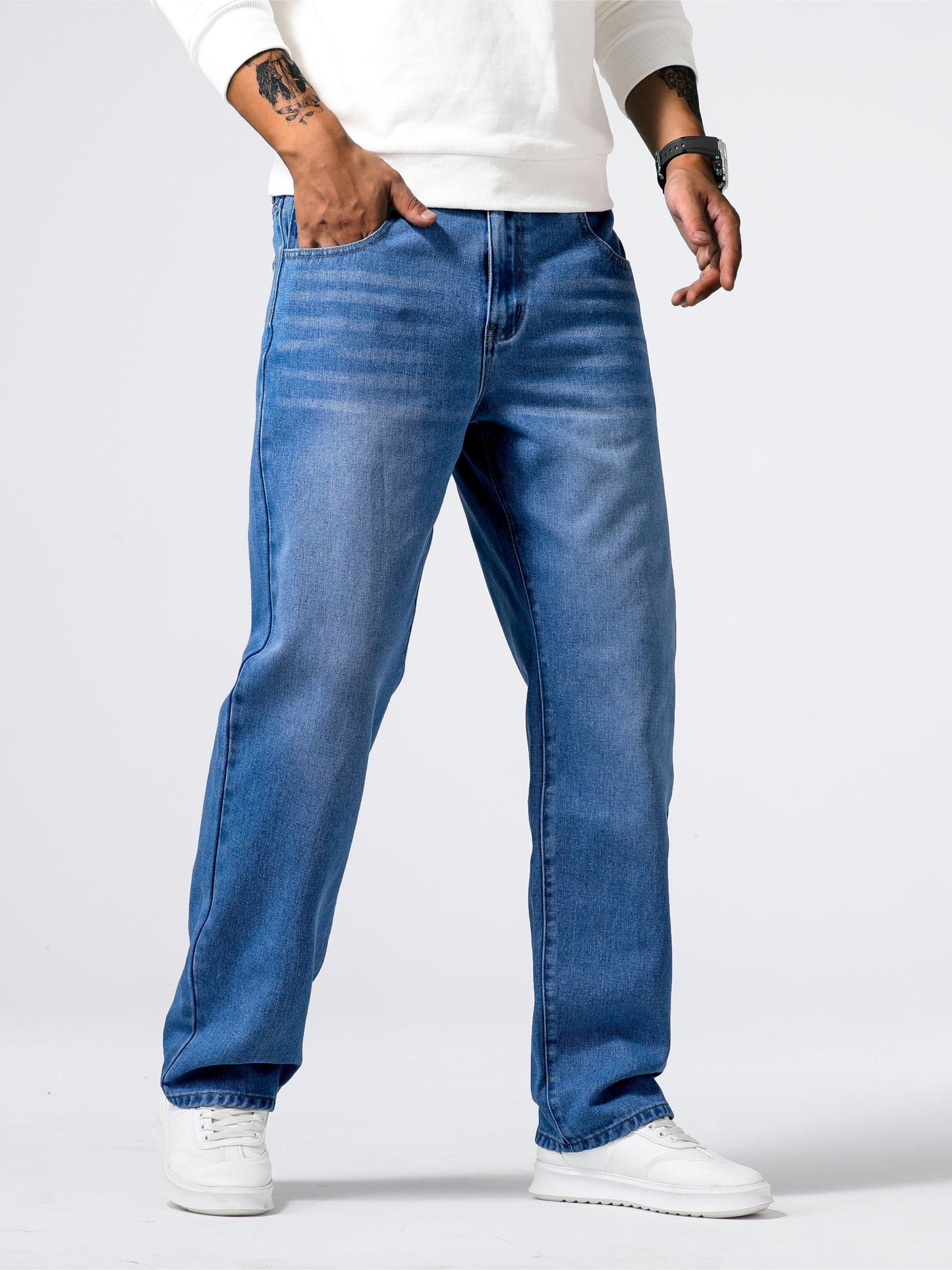Loose Fit Straight Leg Jeans, Men's Casual Street Style Distressed Denim Pants For All Seasons