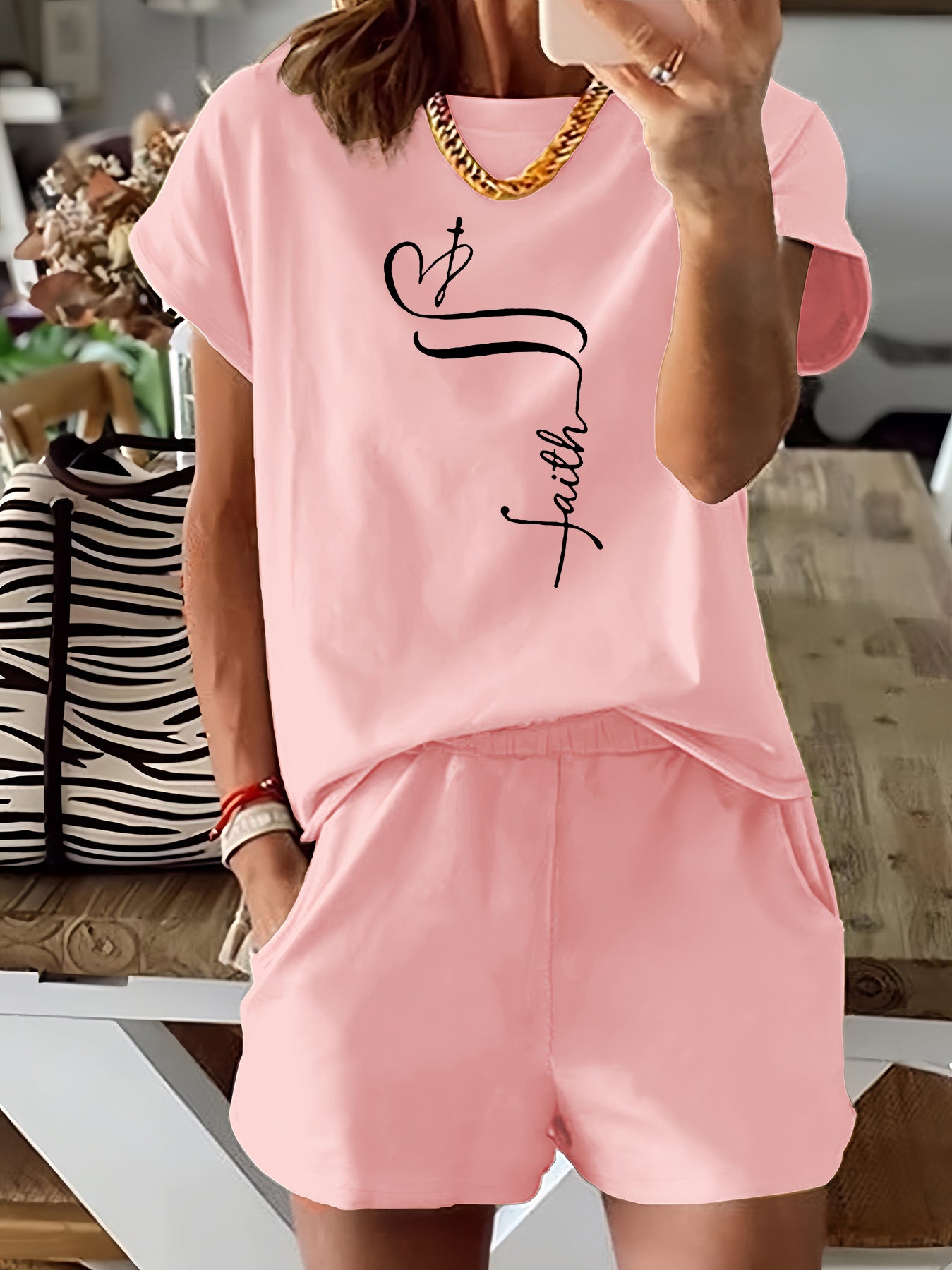 Women's Casual Letter Print Two-Piece Set - Comfy Short Sleeve T-Shirt & Shorts, Stretchy Polyester Blend, Machine Washable