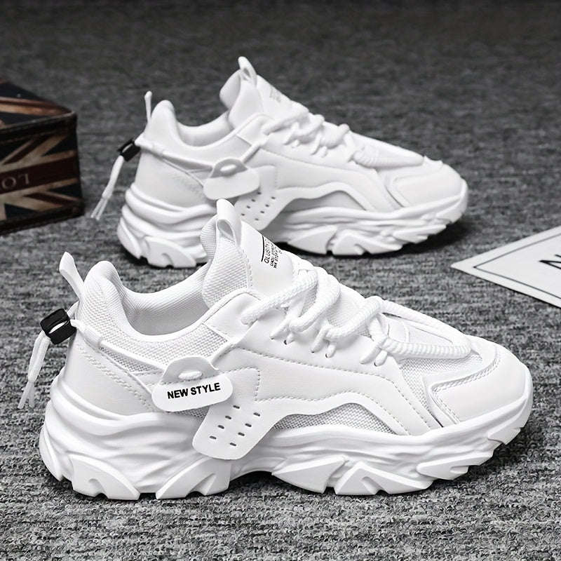 Men's Fashion Chunky Sneakers - Sports & Casual Streetwear Shoes, Solid Color, Non-Slip Lace-Up, Thick Sole, Low Top Fabric Sneakers for All Seasons, Running & Hiking, Universal Fit - Round Toe