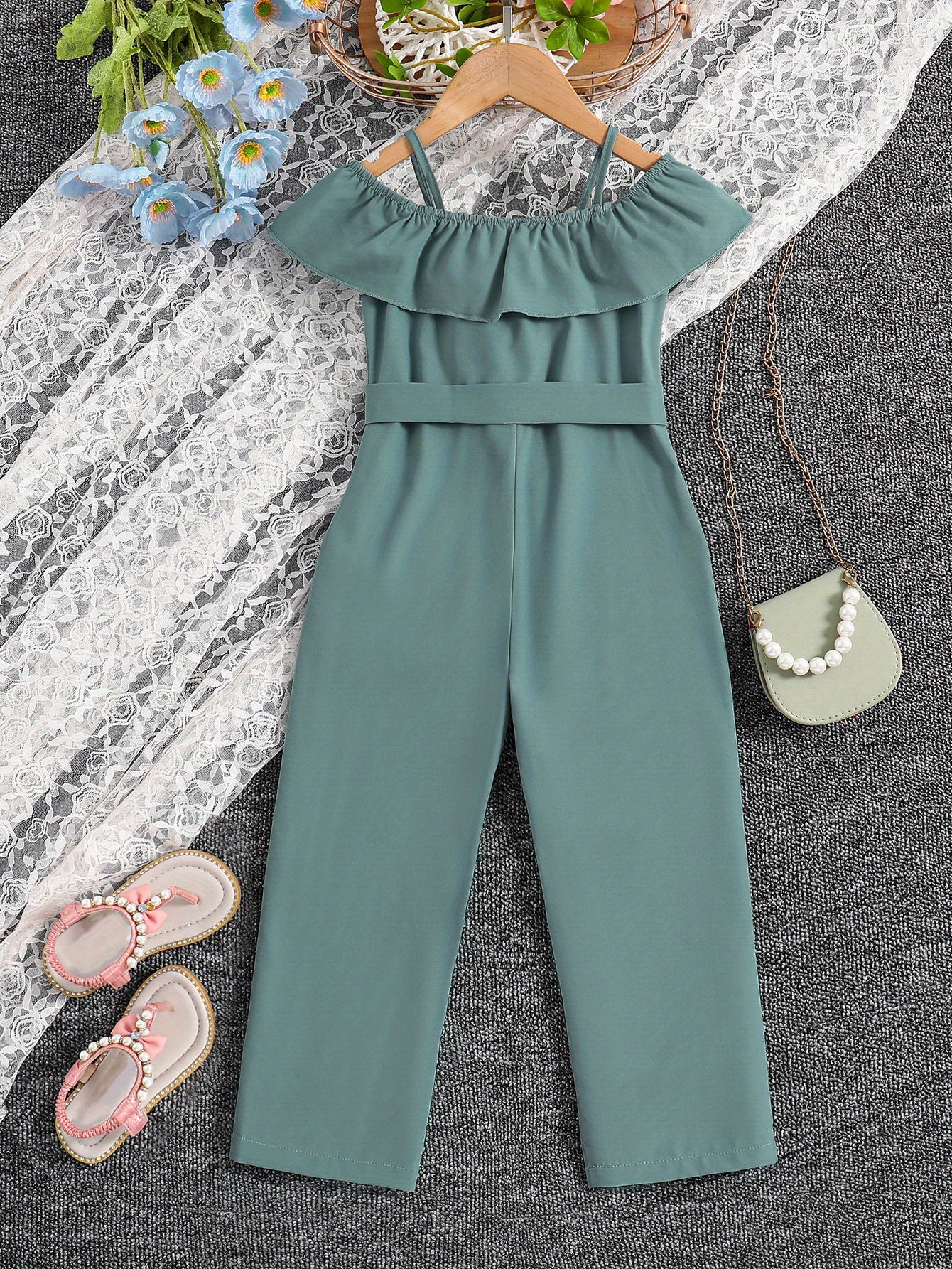 Girls Ruffle Cami Romper Belt Off Shoulder Նրբագեղ ամառային գարուն աշուն մանկական հագուստ