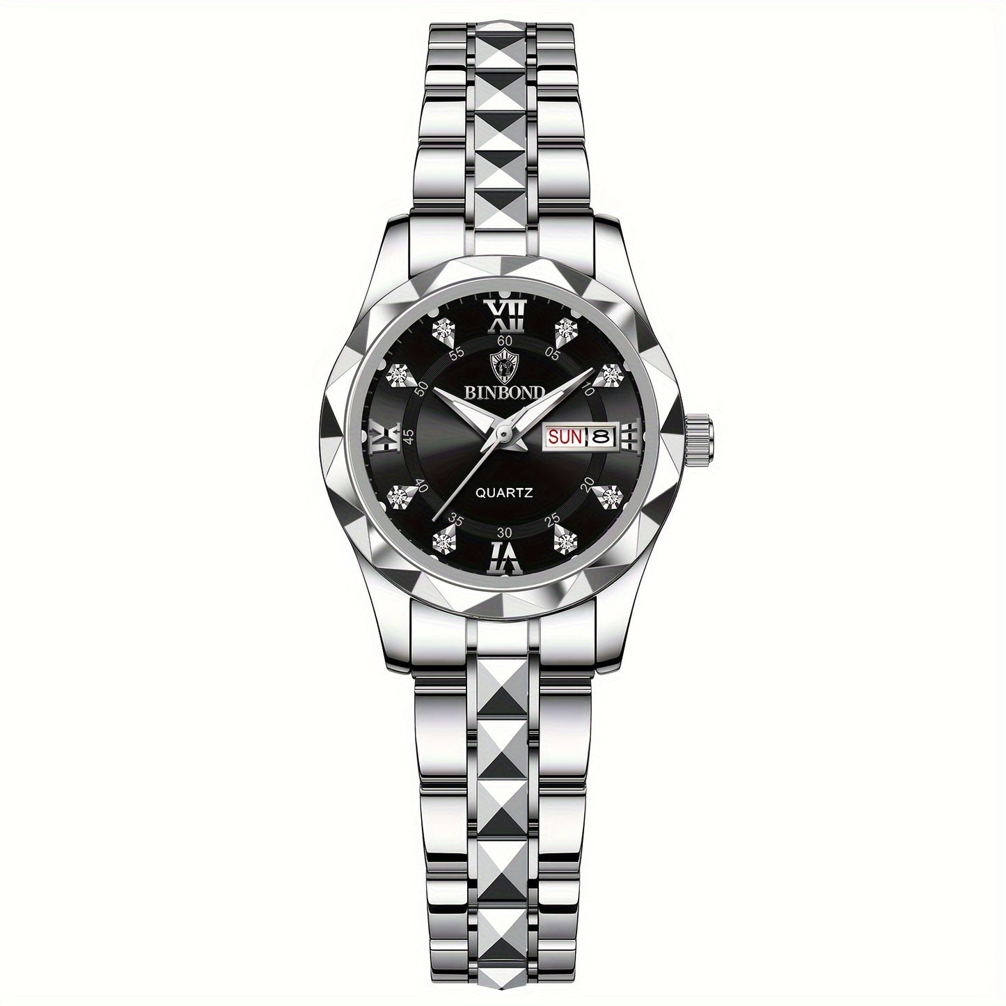 BINBOND Women's Light Luxury Quartz Watch with Night Glow, Double Calendar, Stainless Steel Band & Blue Dial - Elegant Casual & Formal Watch for Casual Attire