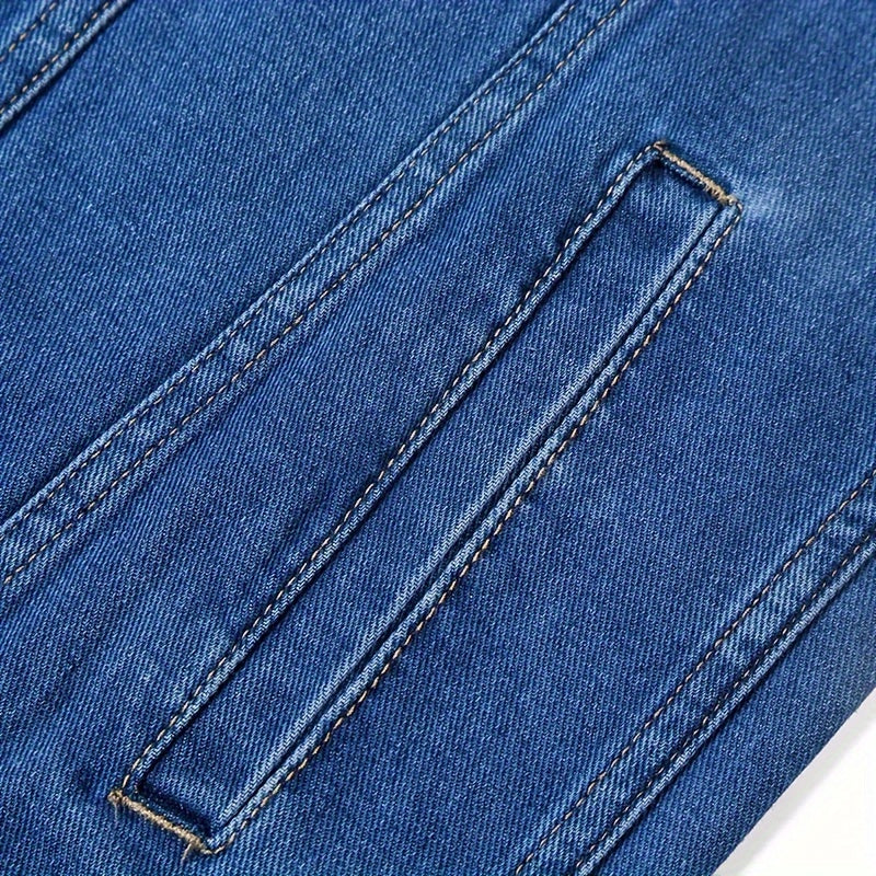 Men's Casual Denim Jacket - Spring & Autumn Collection, Washed Blue, Cotton Blend, Machine Washable, Lapel Collar with Pockets, 2024 New, Denim Jacket