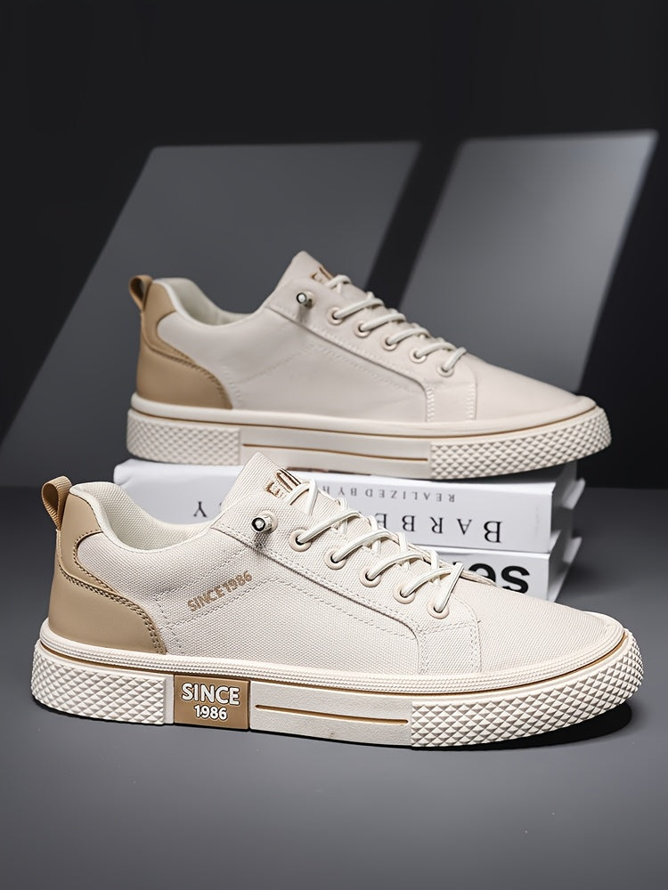 Men's Casual Low-Top Sneakers - Breathable Fabric Durable PVC Sole, Black Beige Contrast Design, Lace-Up Round Toe for All-Season Comfort, Versatile for Casual Semi-Formal Wear, Comfortable Footwear, Fabric Upper