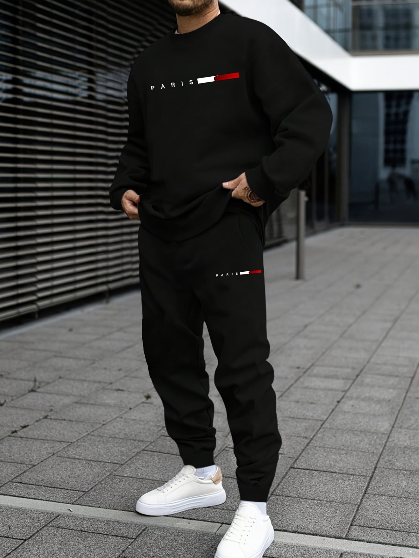 Men's Casual Sports Sweatshirt Set, Loose Fit Pullover Hoodie with Print, Polyester Blend, Round Neck, Stretch Knit, Autumn/Winter Collection