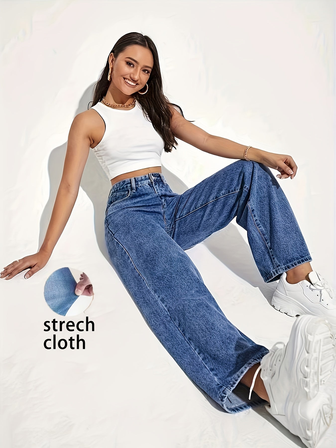 Women's Fashion Stretch Denim Long Pants, Casual Straight Leg Jeans with Zipper Fly, Viscose 68.00%, Polyester 25.00%, All-Season Solid Color Woven Trousers for Weekend Casual