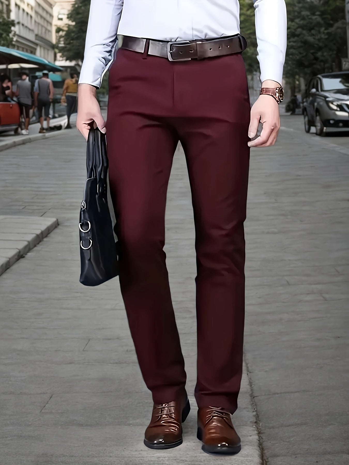 Men's Sleek Stretch Dress Pants - Solid Color Black, Comfort Fit with Subtle Stretch, Polyester Fabric, Mid-Rise, Machine Washable, Perfect for Business Casual & All-Season Wear, Business Casual Pants | Sleek Trousers | Easyc
