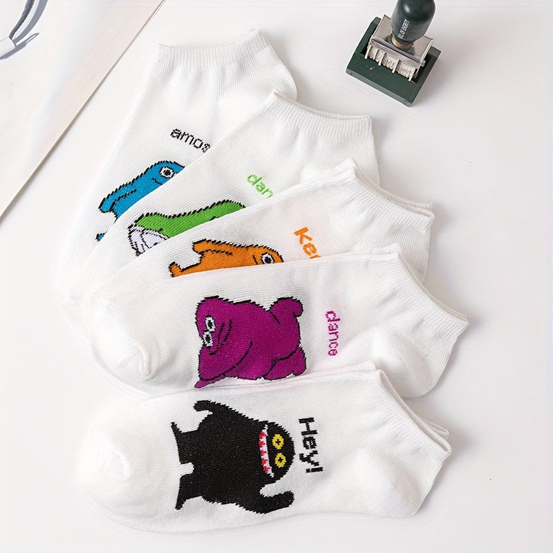 5pcs Cute Animal Cartoon No-Show Socks for Women - Soft Polyester Blend, Playful "HEY! DANCE!" "KEEP!" "EMOTIONS!" Designs, Machine Washable, Elegant Style, Funny Socks