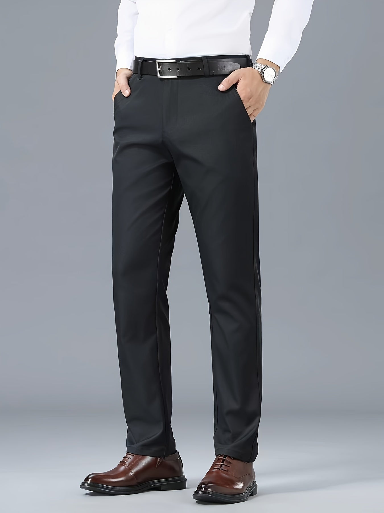 Men's Classic Business Casual Pants - Polyester, Solid Color, Regular Fit for All Seasons