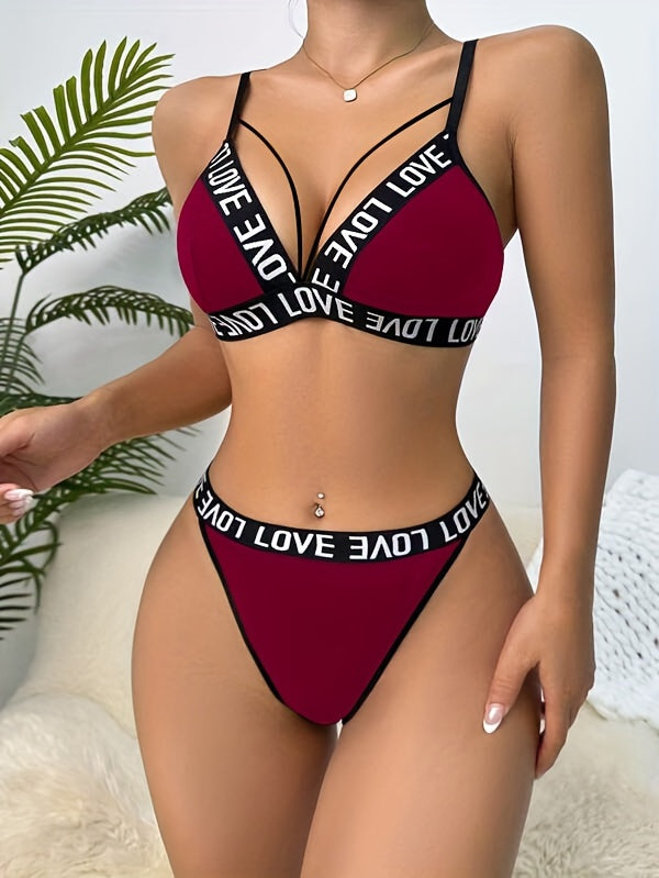Letter Tape Cut Out Bra & Panty, Strappy Bra & Panties ներքնազգեստի հավաքածու, Կանացի ներքնազգեստ և ներքնազգեստ