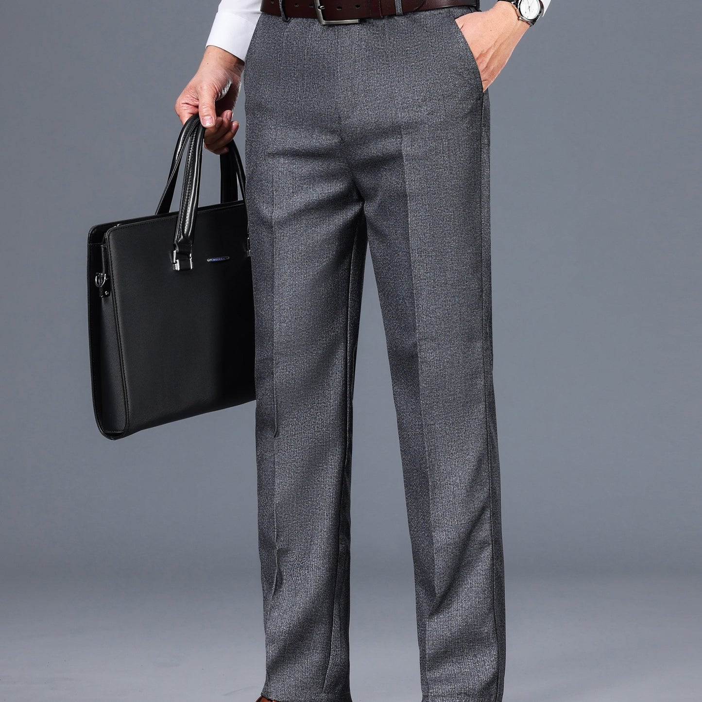 Men's Classic Gray Dress Pants - Medium Thick, Straight Fit with Slant Pockets & Zipper Closure, Polyester, Non-Stretch Fabric for Business Casual & Formal Wear, Ideal for Spring/Autumn