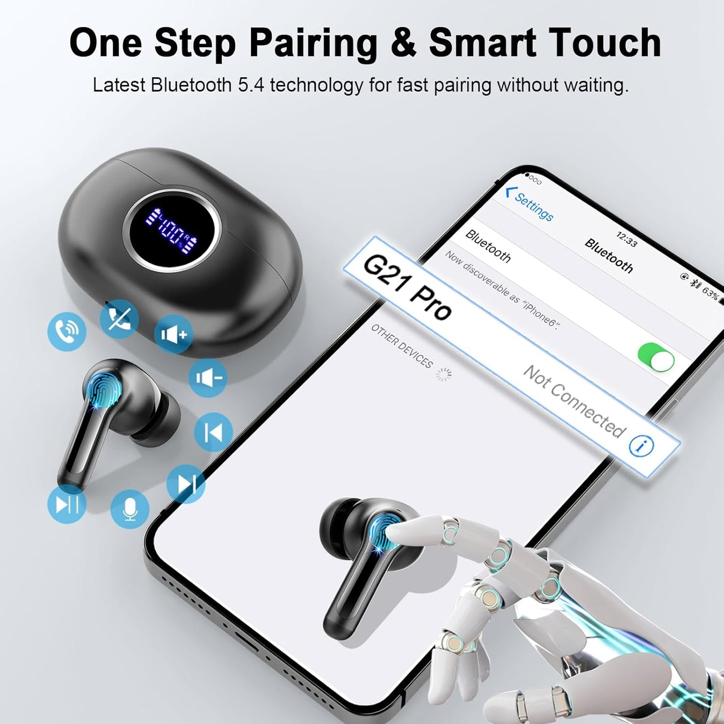 Wireless Earbuds, 2025 Bluetooth 5.4 Headphones Hi-Fi Stereo 3D Bass Ear Buds, 4 ENC Noise Cancelling Mic, 36Hrs USB-C In-Ear Earphones, IP7 Waterproof Workout Sport for Laptop Pad Android Ios, Black
