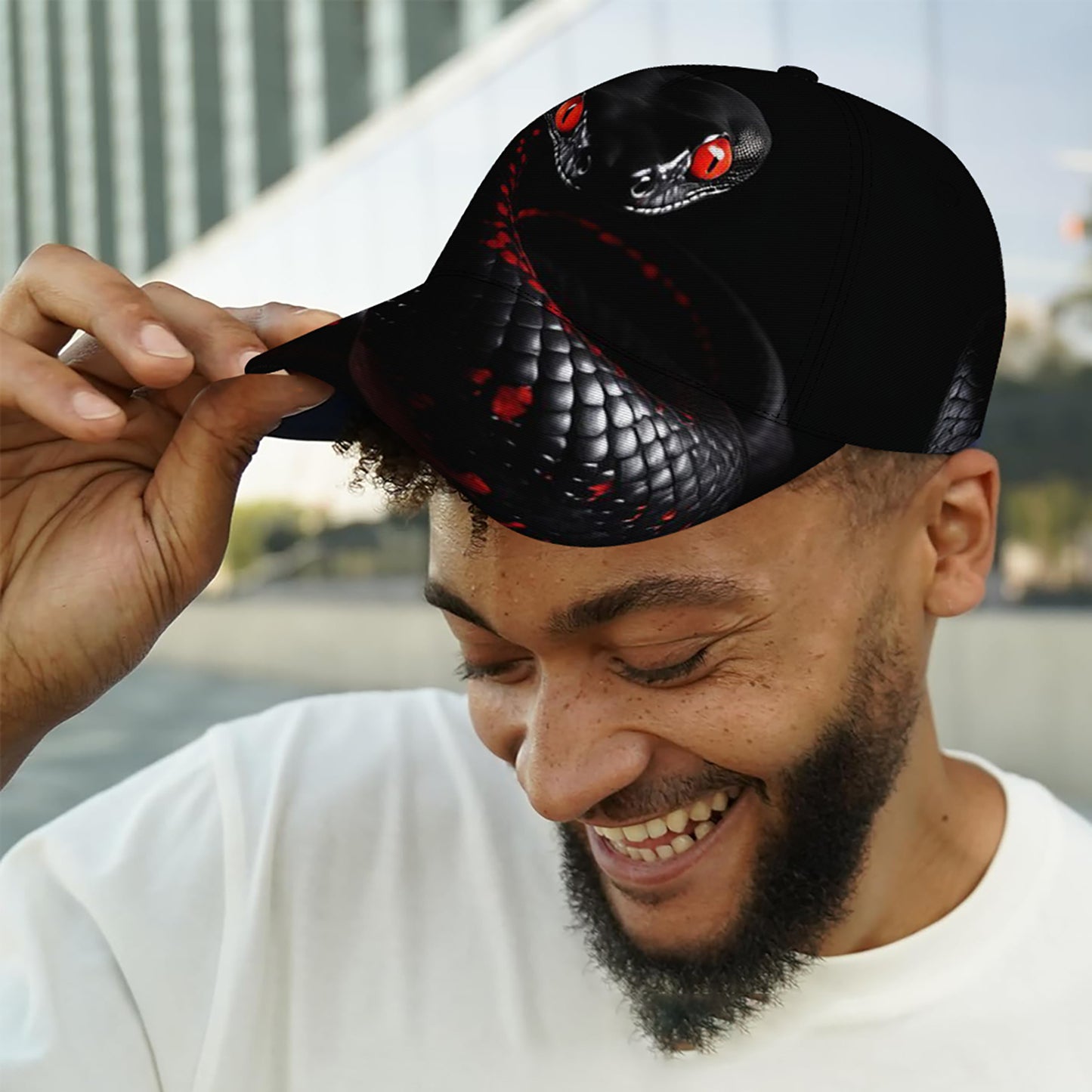 CUTEHSJ Men's Punk Rock Baseball Cap - Lightweight Adjustable Sun Hat with Red Snake Graphic, Black & Red Contrast Design for Beach, Fishing, Outdoor Activities & Vacation, Stylish Headgear