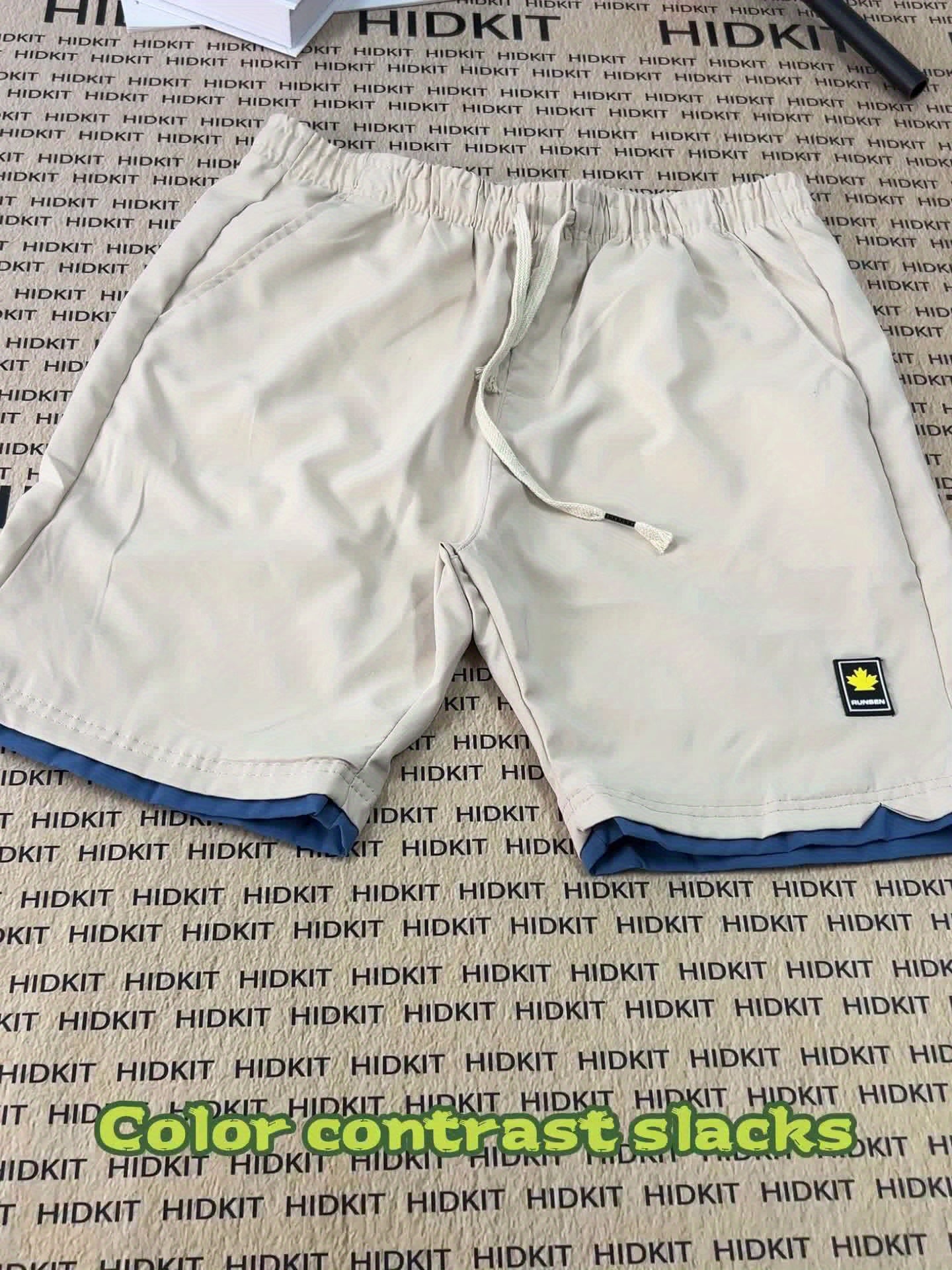 Men's Solid Shorts With Pockets, Casual Elastic Waist Fake Two-piece Drawstring Shorts For Summer