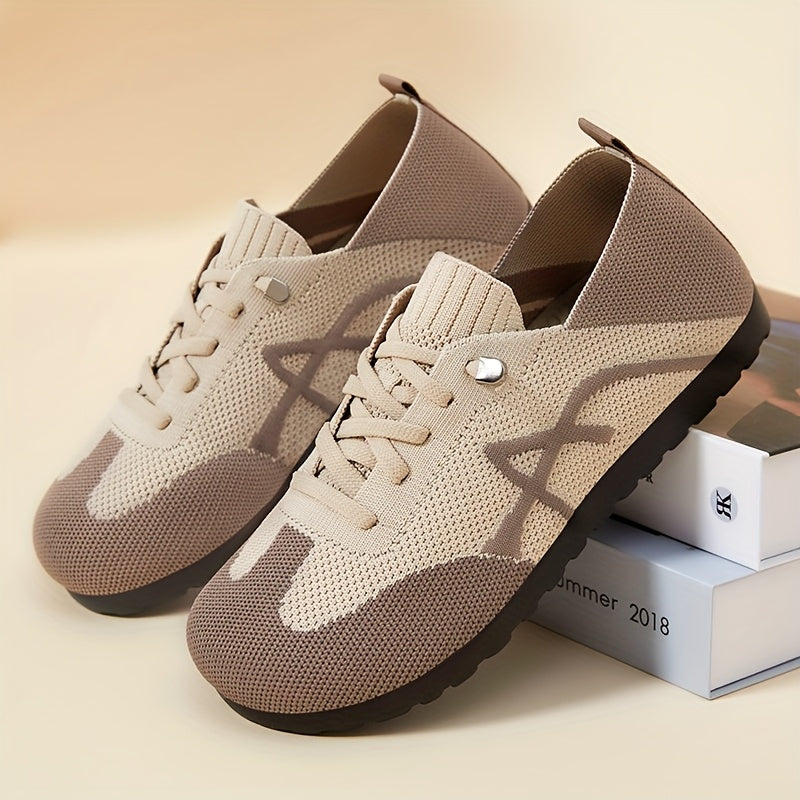 Women's Lightweight Breathable Slip-On Sneakers - Casual Low-Top Shoes with Knit Fabric Upper Durable PVC Sole, Comfortable for Indoor Outdoor Spring Wear, Brown Black, Ladies Sneakers