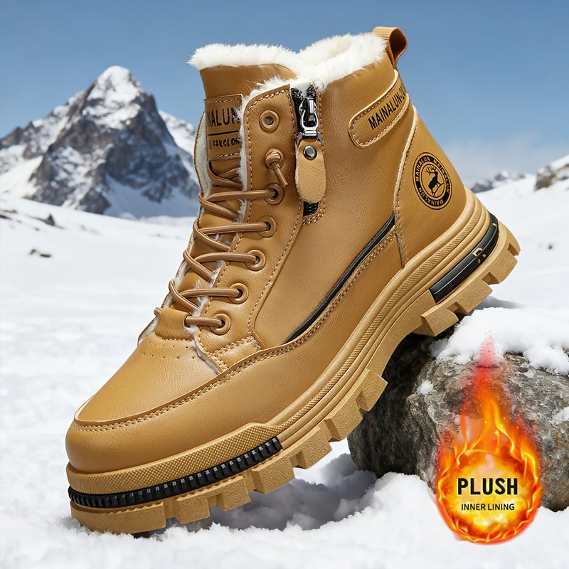 Men's Vintage Casual Fleece-Lined Snow Boots - Brown Faux Cover with Black Accents, Lace-Up Design, Thick PVC Sole for Winter & Fall, Round Toe Comfort, Everyday Winter Footwear, Winter Boots, Style Boots, Durable Winter Foo