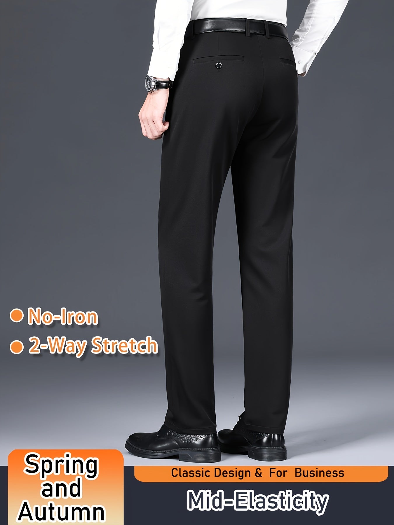 Men's Solid Color Dress Pants, Classic Design Slightly Stretch Formal Dress Pants For Business Occasions, Spring And Fall