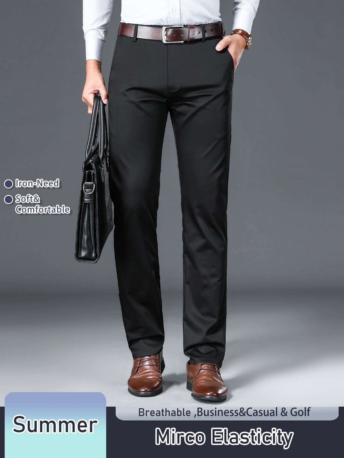 Men's Solid Color Straight Leg Business Style Cotton Blend Pants, Casual Comfy Breathable Outdoor Trousers As Gift