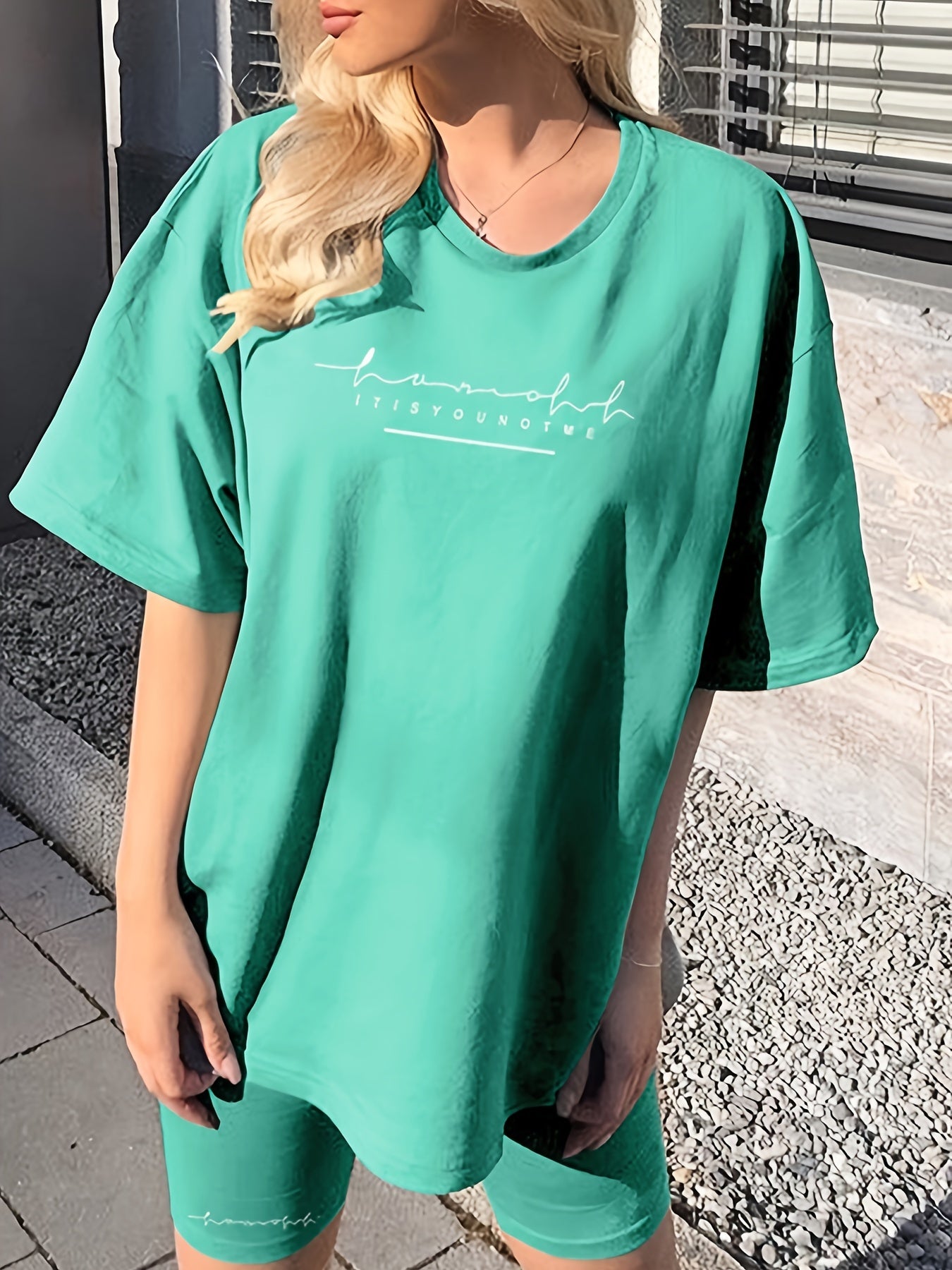 Women's Chic Lavender Letter Print Casual T-Shirt & Shorts Set - Comfy Polyester, Mid-Stretch Fabric, Round Neck, Machine Washable - Perfect for Spring/Summer