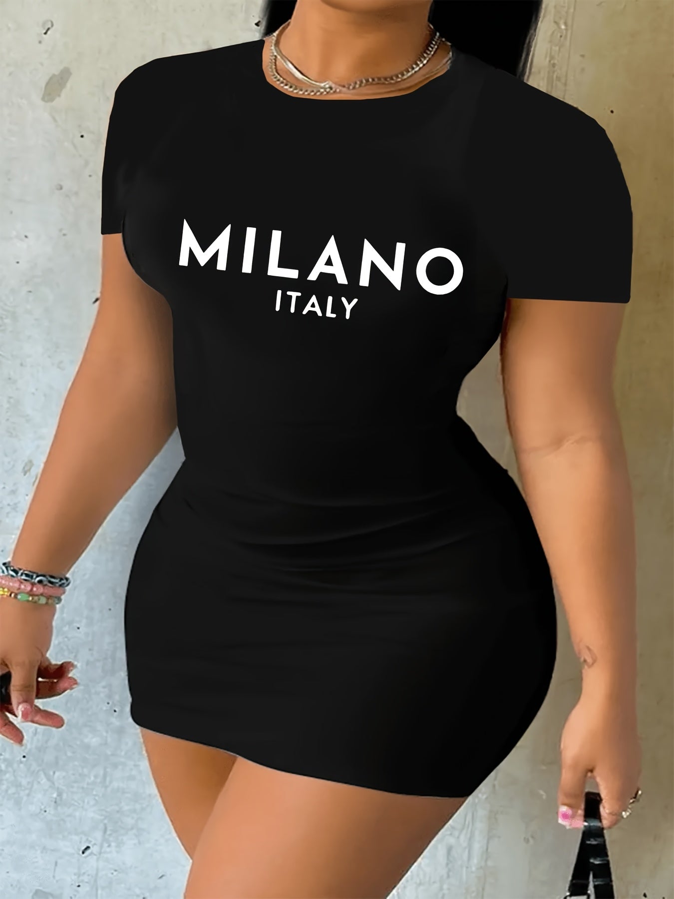 Women'S Milano Italy Print Bodycon Dress, Polyester 92% Elastane 8% Knit Fabric, High Stretch Geometric-Pattern, Short Sleeve Round Neck, Plus Size, Sports Style for Spring/Summer/Fall - 180g/m²