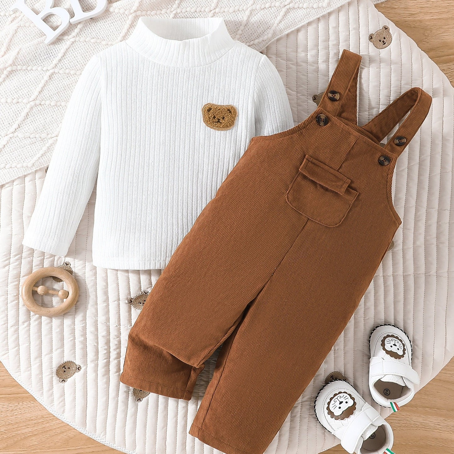 2pcs, Newborn Boy's Long Sleeves High Neck Bear Applique Top & Pocket Overalls Set For Leisure & Outdoor Activities, Meticulously Crafted For Fall And Winter, Outdoor Cloth