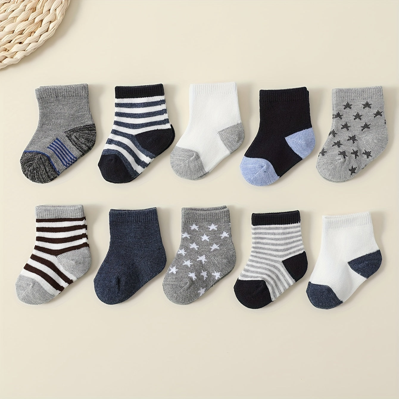 10pcs Boys' Mid-Calf Socks - Star, Striped & Color Block Patterns, Soft Knit Fabric, All-Season Comfort for Youngsters & Youngsters, Youngsters Socks