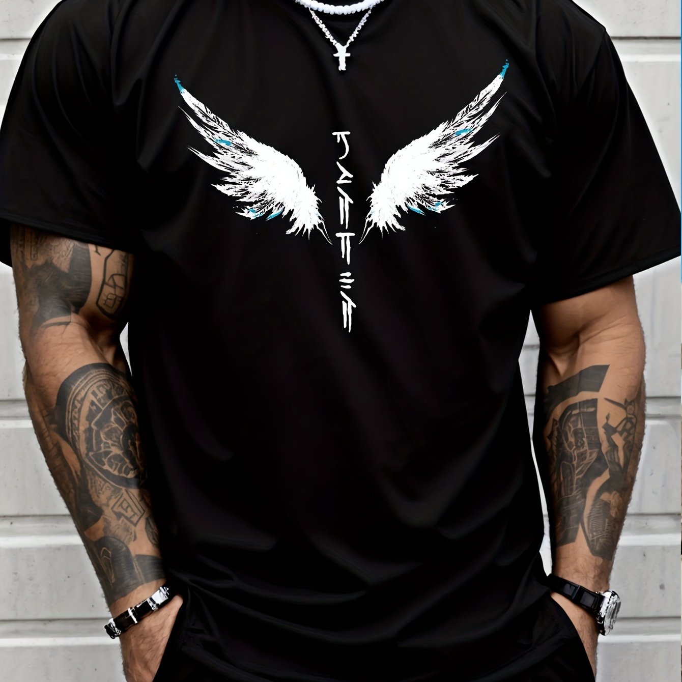 Wings Print Men's Creative Top, Casual Short Sleeve Crew Neck T-shirt, Men's Clothing For Summer Outdoor