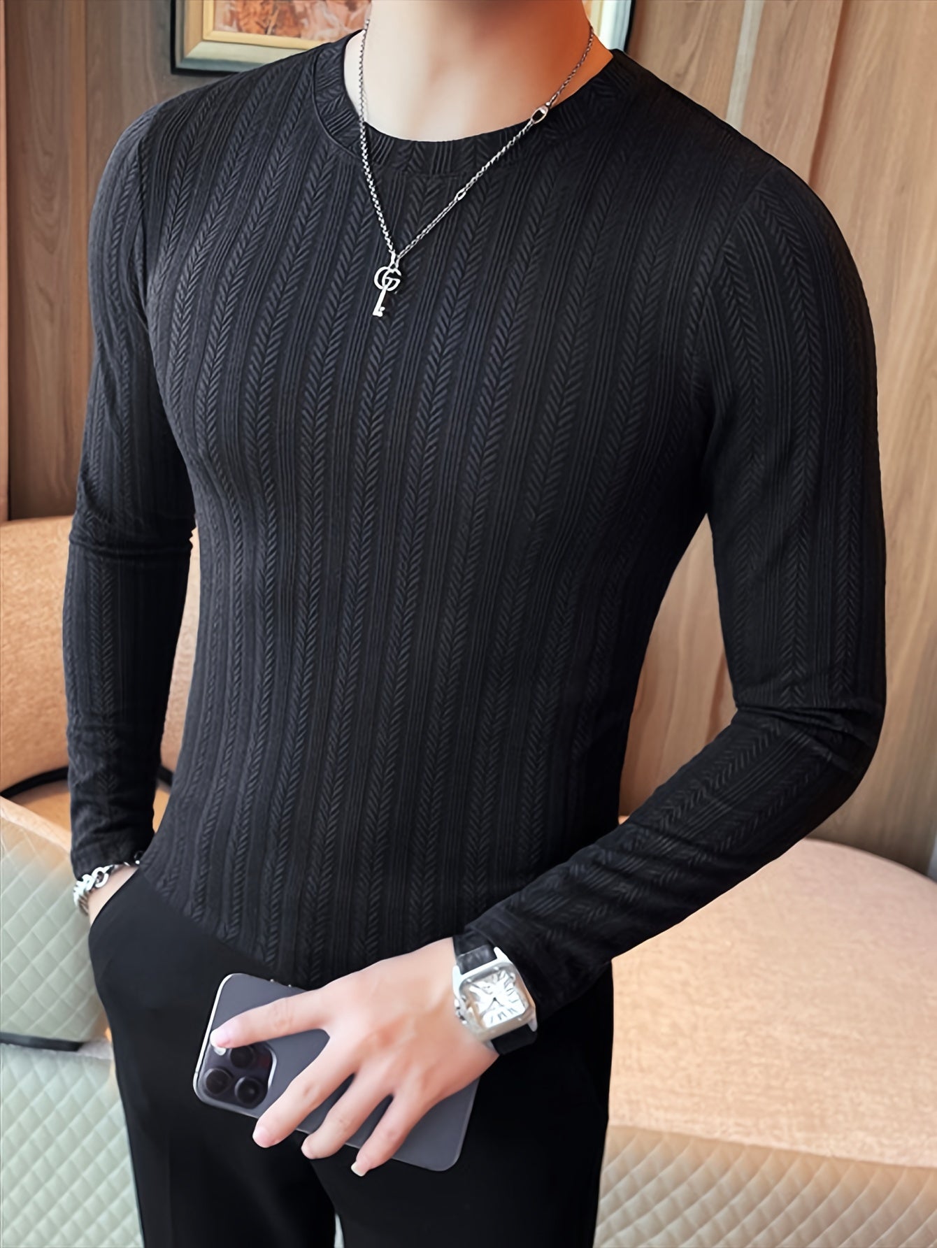 Men's Slim-Fit Long Sleeve T-Shirt - Casual Stylish, Perfect for Fall/Winter, Machine Washable