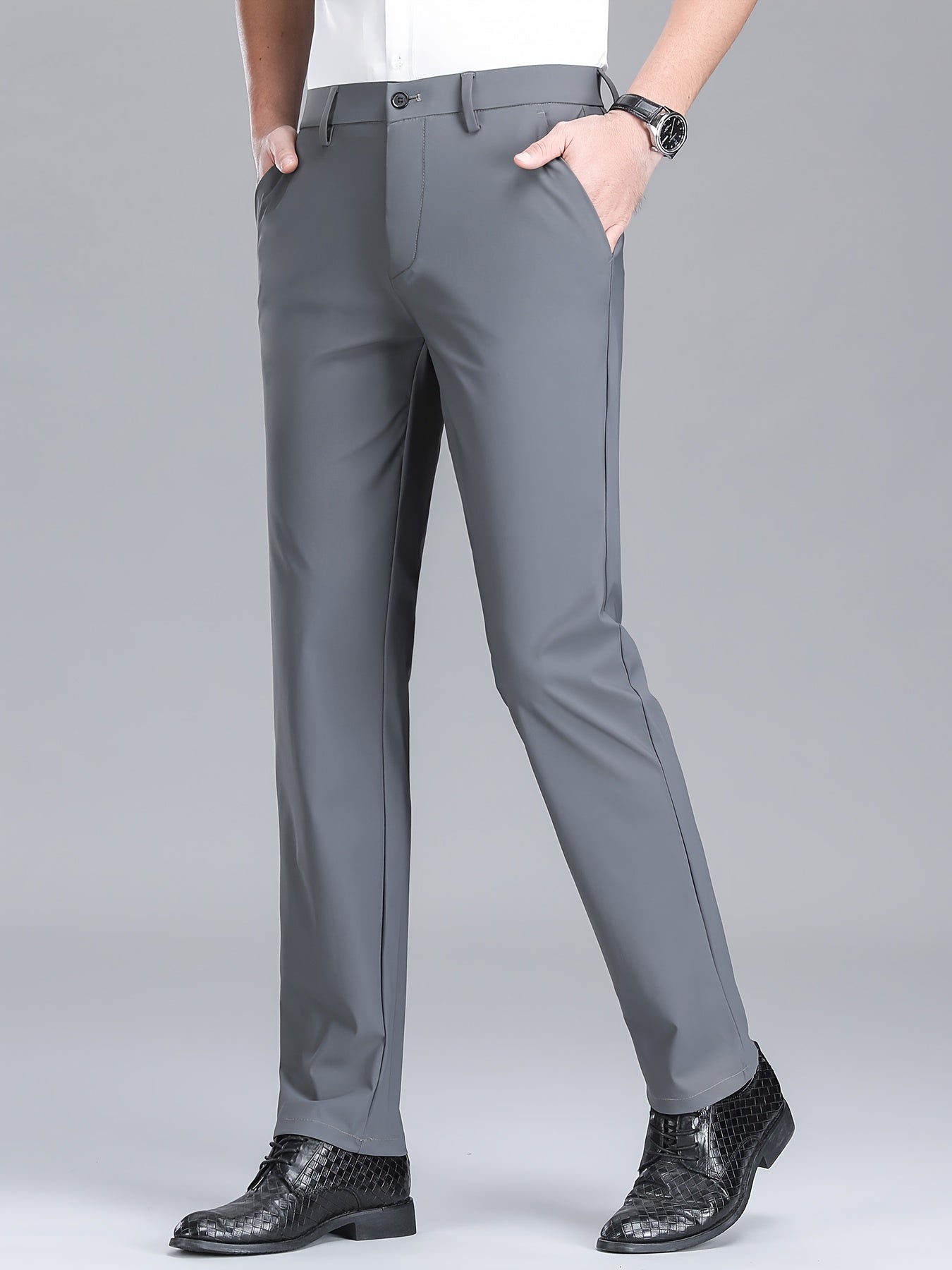 Men'S Navy Blue Straight Leg Dress Pants - Casual Style, Polyester Fabric with Slight Stretch, Mid Waist, Button Closure, No Belt, Regular Fit, Outdoor & Office Wear, Office Attire|Straight Leg Pants|Polyester Fabric