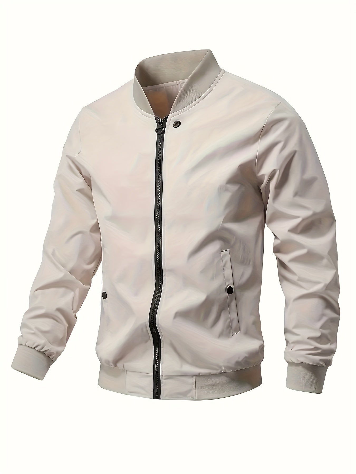 1pc Men'S Casual Stand Collar Bomber Jacket, Solid Color Long Sleeve Non-Stretch Woven Acetate with Pockets, Polyester Lined Zip-Up Lightweight Outerwear for Spring/Fall