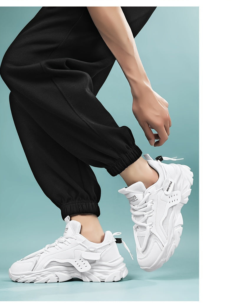 Men's Fashion Chunky Sneakers - Sports & Casual Streetwear Shoes, Solid Color, Non-Slip Lace-Up, Thick Sole, Low Top Fabric Sneakers for All Seasons, Running & Hiking, Universal Fit - Round Toe