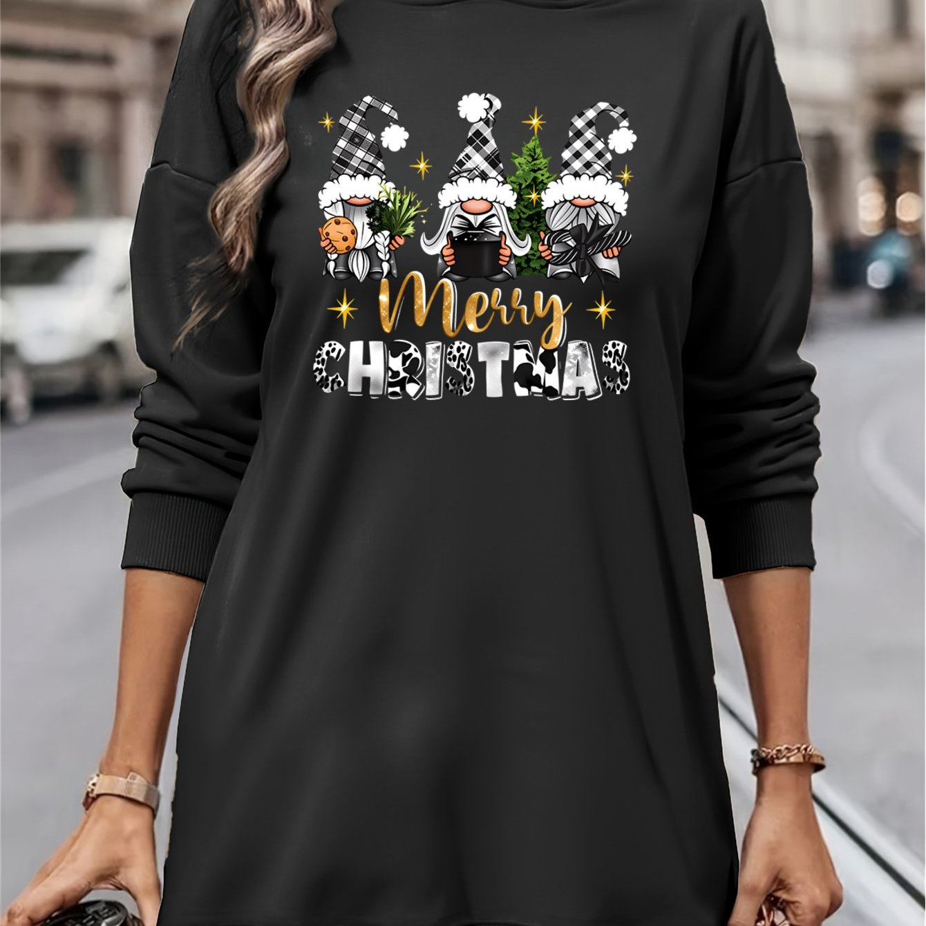 Women's Christmas Gnome Print Hooded Sweatshirt Dress - Soft Slim Fit Sweater Dress with Holiday Cheer Gnome Patterns, All-Season Casual Dress for Christmas Party Outfits (Machine Washable)