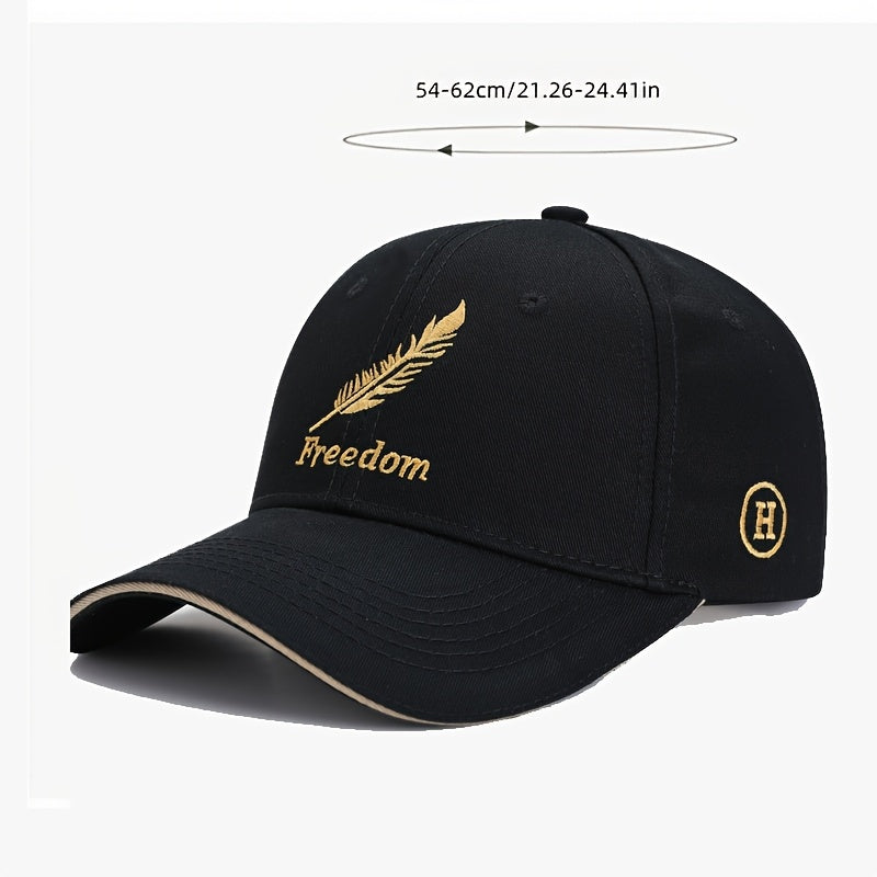Men's Adjustable Baseball Cap with Feather & Freedom Embroidery - All-Season, Sun Protection, Black Washed Polyester, Sun Visor, Outdoor Sports, Perfect Choice