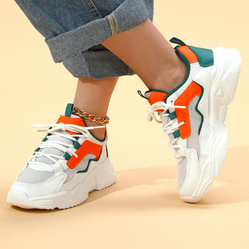 Women's Breathable Mesh Sneakers - Lightweight Lace-Up Sneakers with Contrasting Color Design, White Base with Green Orange Accents, Perfect for Tennis, Outdoor Activities, and Casual Attire, Casual Sneakers Casual Sneake