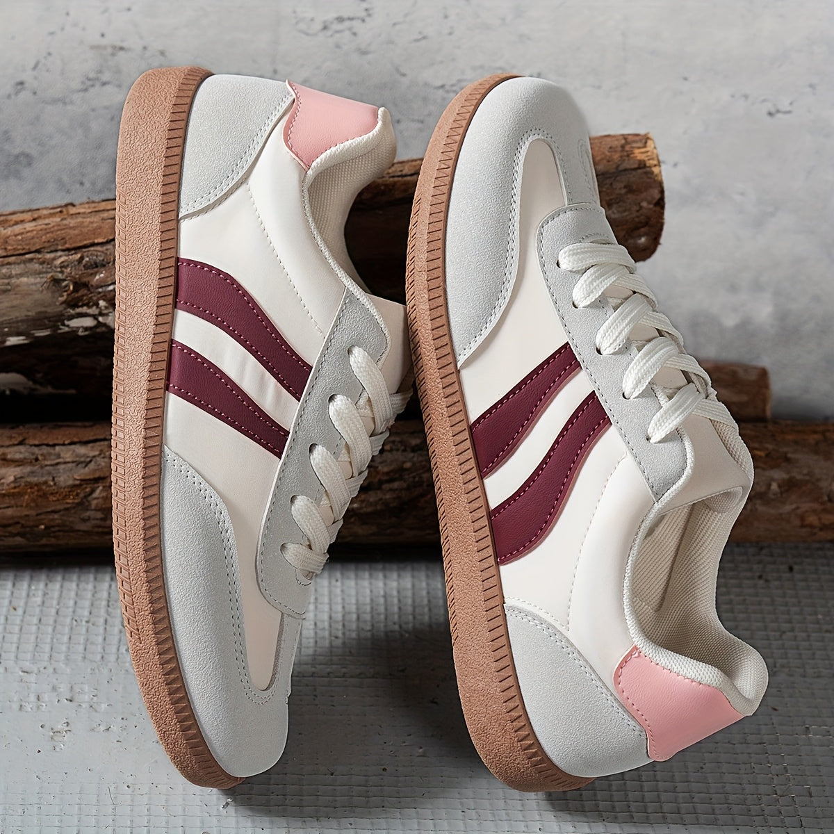 Women's Casual Low-Top Sneakers - Trendy Color Block Design, Light Gray with Navy Blue & Red Stripes, Comfortable Lace-Up Shoes for Casual Attire, Retro Style, Faux Cover Upper, PVC Sole, EVA Insole, Perfect for Spring and Fa