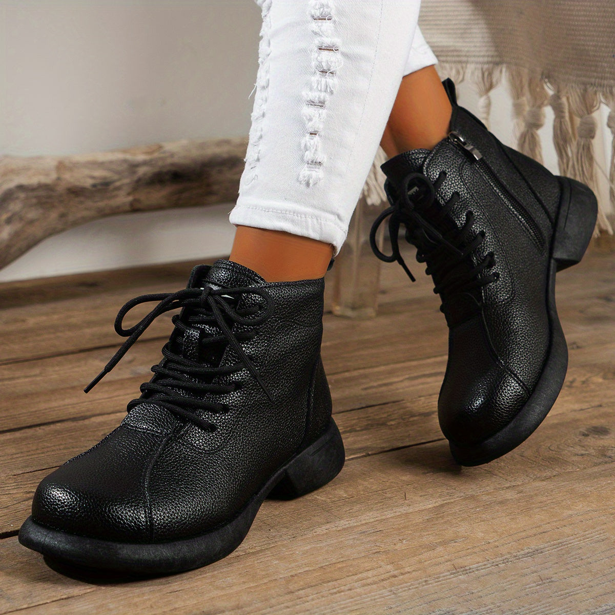 Women'S British Style Ankle Boots - Brown Faux Cover, Slimming Lace-Up Design, Lace-Up with Side Zipper, Comfortable Fabric Lining, Durable TPU Sole, Perfect for Spring, Autumn & Winter
